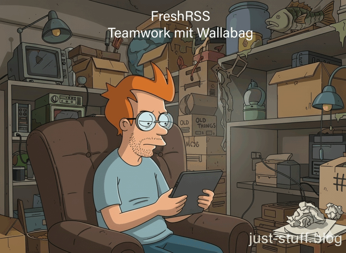 Comicfigur sitzt in braunem Sessel und hält Tablet, umgeben von Kartons und Regalen mit alten Gegenständen.