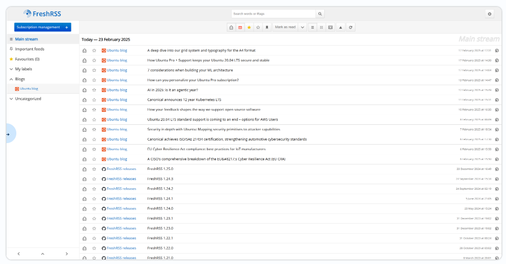 FreshRSS Standard-Weboberfläche