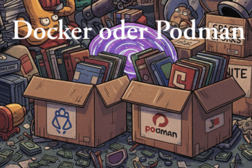 Bild eines chaotischen Dachboden, mittig 2 offen Kartons mit vielen Büchern. Der eine Karton trägt ein an das Docker-Logo angelehnten Aufdruck, der andere ein an das Podman-Logo angelehnten Aufdruck
