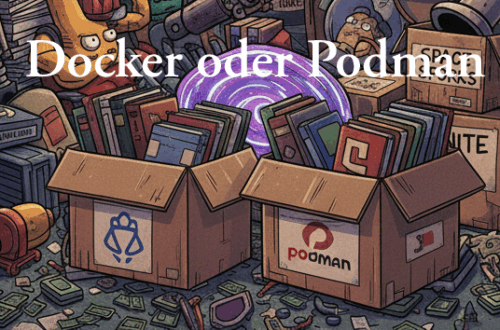 Bild eines chaotischen Dachboden, mittig 2 offen Kartons mit vielen Büchern. Der eine Karton trägt ein an das Docker-Logo angelehnten Aufdruck, der andere ein an das Podman-Logo angelehnten Aufdruck