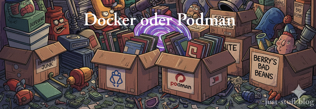 Bild eines chaotischen Dachboden, mittig 2 offen Kartons mit vielen Büchern. Der eine Karton trägt ein an das Docker-Logo angelehnten Aufdruck, der andere ein an das Podman-Logo angelehnten Aufdruck