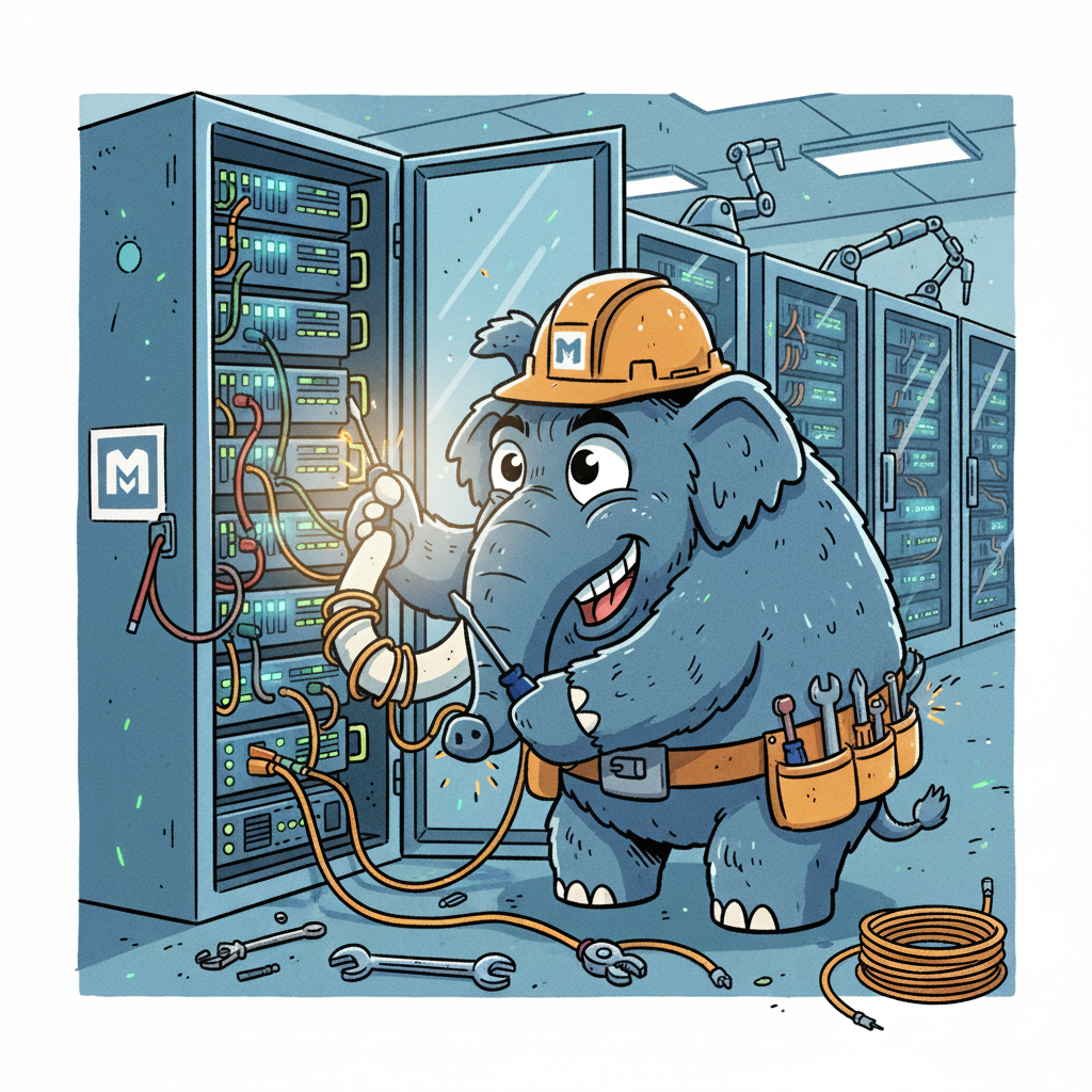 Zeichnung des Mastodon-Maskottchen, wie es an einem Serverschrank arbeitet