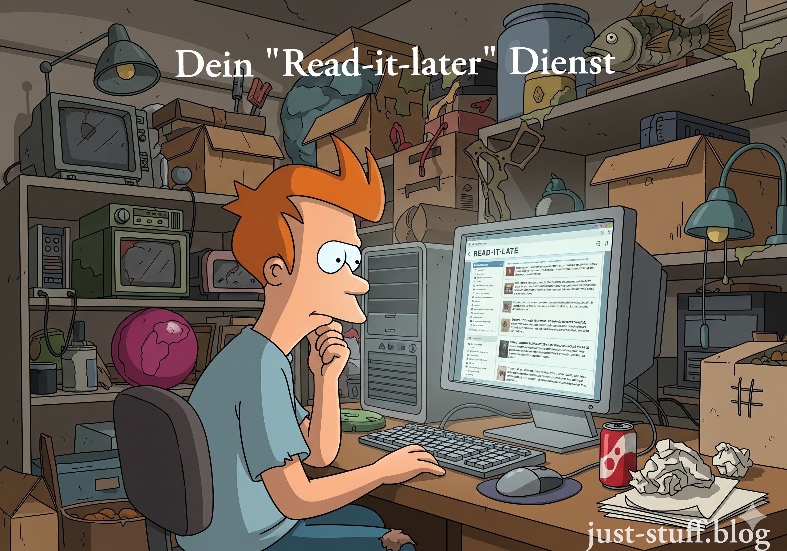 Zeichentrickfigur mit orangen Haaren sitzt nachdenklich an einem Schreibtisch vor einem Computer mit geöffneter Webseite, umgeben von chaotischem Kellerraum mit Regalen, Kisten und Lampen.