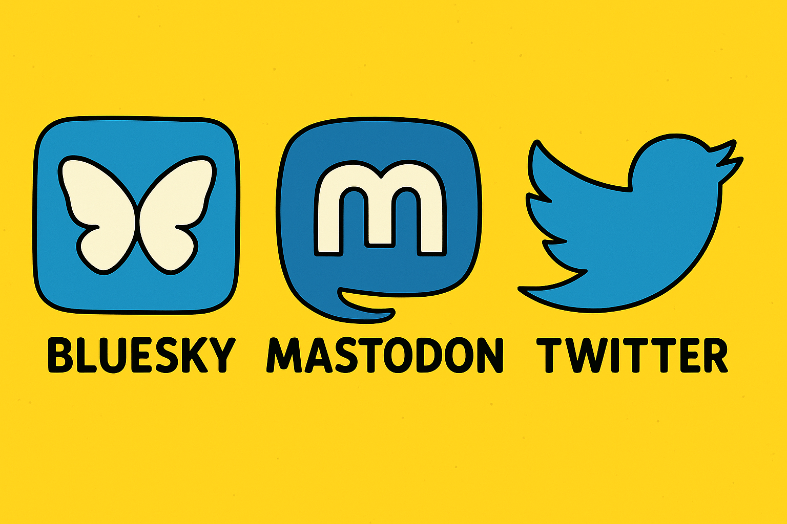 Logos von Bluesky, Mastodon, Twitter