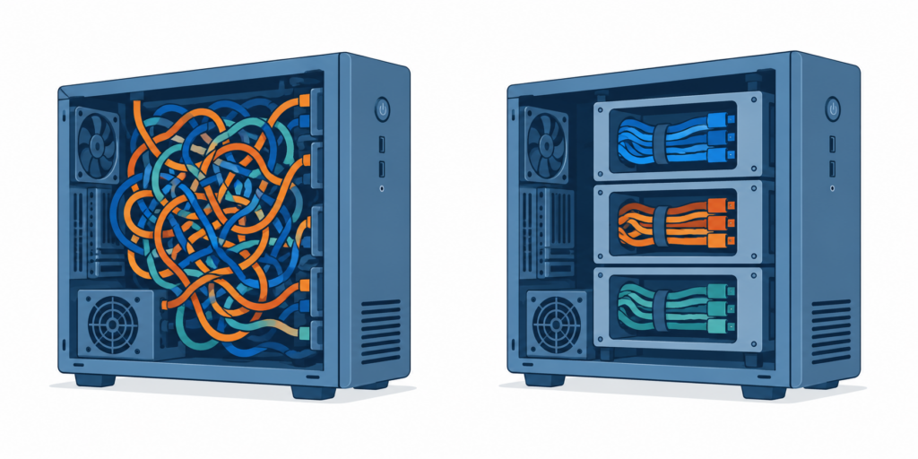 Zwei Desktop-PCs im Vergleich: Links ein Rechner mit chaotisch verknäulten blauen, türkisen und orangefarbenen Kabeln, rechts ein Rechner mit drei getrennten Bereichen und ordentlich gebündelten Kabeln. Symbol für Abhängigkeiten und Isolation durch Container.