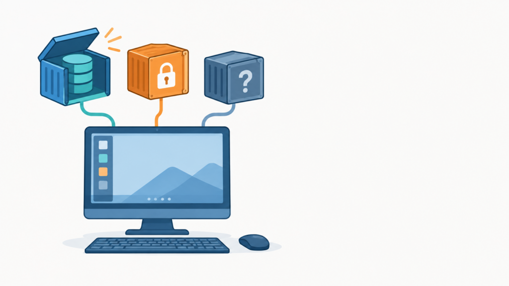 Zwei getrennte Container mit Datenbanksymbolen und den Versionsnummern 10.11 und 17 stehen über einem Laptop. Die Illustration zeigt, wie unterschiedliche Datenbankversionen parallel auf demselben Rechner laufen können.